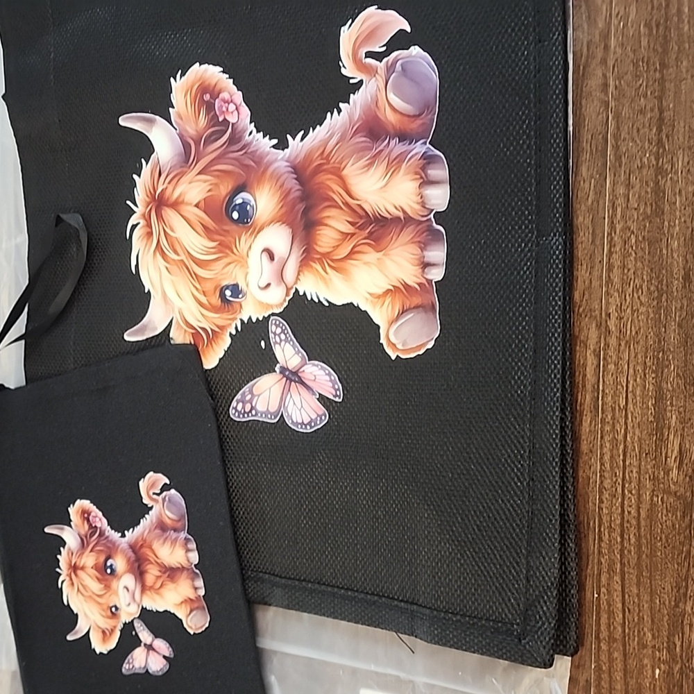 Cute Butterfly Highland Cow Themed Handbag Set, Including One Handbag & Black